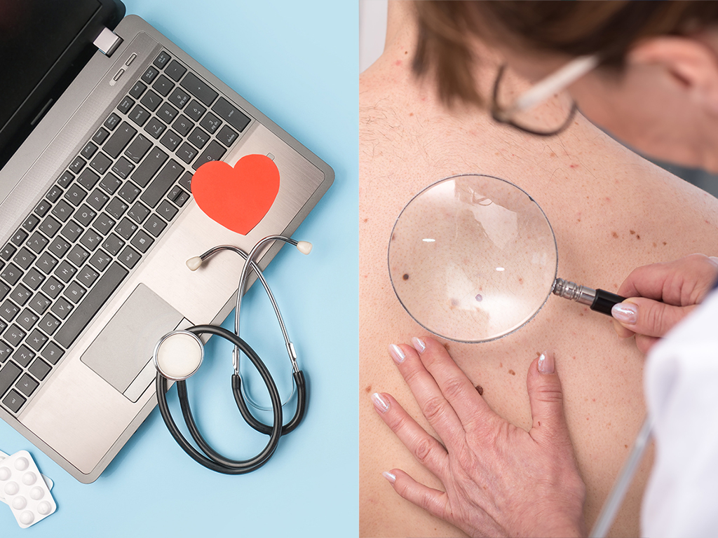 Telemedicine or telehealth virtual visit, video visit, remote doctor video chat consultation concept with laptop, smartphone, notepad and stethoscope on blue background